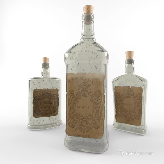 Transparent Glass Wine Bottles and Glasses with Cork Stoppers and Vintage Labels 3d model 