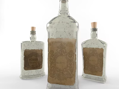 Transparent Glass Wine Bottles and Glasses with Cork Stoppers and Vintage Labels 3d model