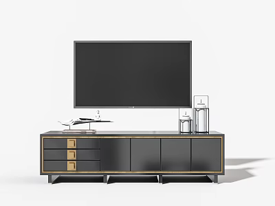 Modern TV Stand With Black Finish Gold Accents Drawers Cabinets And Flat Screen TV 3d model