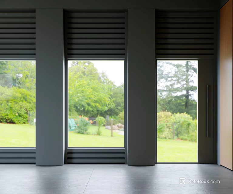 Modern Floor To Ceiling Windows With Dark Frames And Lush Green Garden View 3d model 