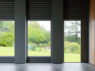 Modern Floor To Ceiling Windows With Dark Frames And Lush Green Garden View 3d model