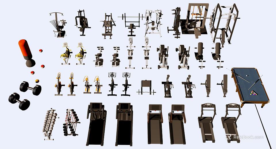 Sports Equipment Variety Including Treadmills Weight Benches Dumbbells And Fitness Machines 3d model 