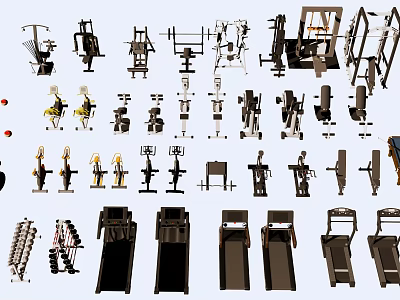 Sports Equipment Variety Including Treadmills Weight Benches Dumbbells And Fitness Machines 3d model