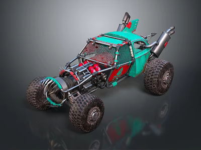 Teal Utility Vehicle With Exposed Frame Large Off Road Tires And Mechanical Parts 3d model