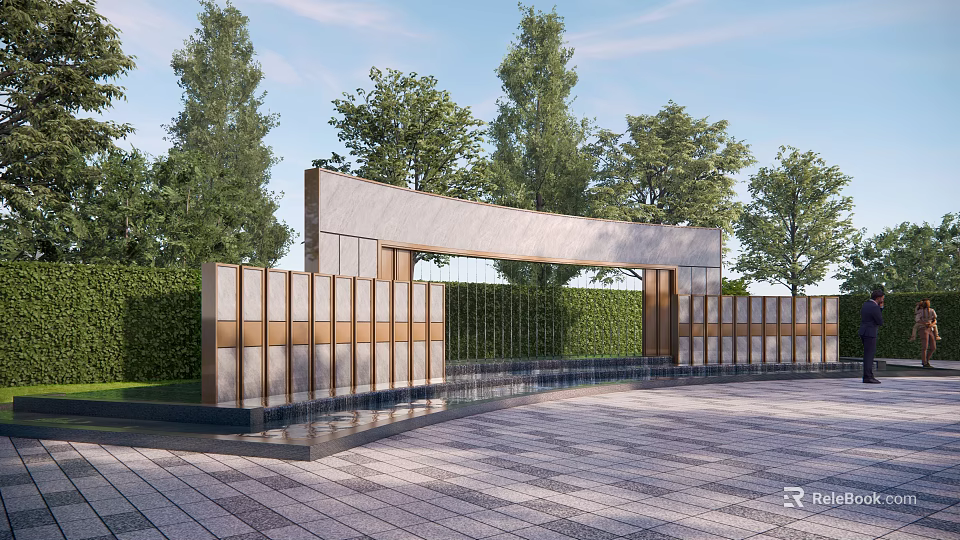 Modern Scenic Wall Design With Green Trees Water Feature And Paved Ground 3d model 