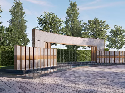 Modern Scenic Wall Design With Green Trees Water Feature And Paved Ground 3d model
