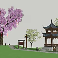 Traditional Landscape Pavilion with Purple Flowering Tree Red Lanterns and Lawn