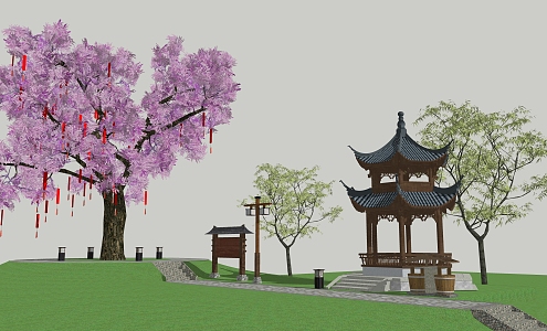 Chinese Pavilion Park Landscape Wishing Tree Landscape Divine Tree Blessing Point Symbol of Love 3d model