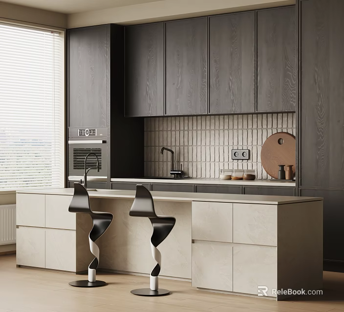 Modern Kitchen Interior With Dark Wood Cabinets Light Tile Backsplash Island Counter And Bar Stools 3d model 