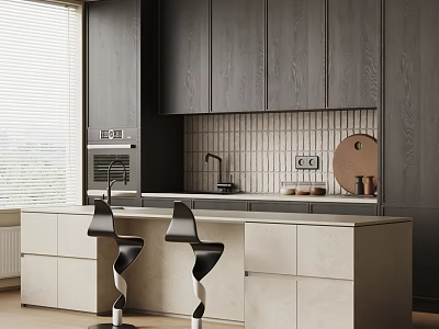 Modern Kitchen Interior With Dark Wood Cabinets Light Tile Backsplash Island Counter And Bar Stools 3d model