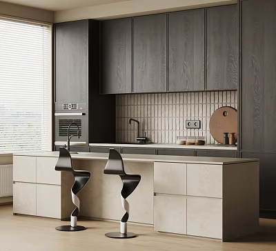 Modern Kitchen Interior With Dark Wood Cabinets Light Tile Backsplash Island Counter And Bar Stools 3d model