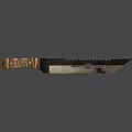 Tactical Military Knife With Serrated Blade Blood Stains And Wooden Handle Design