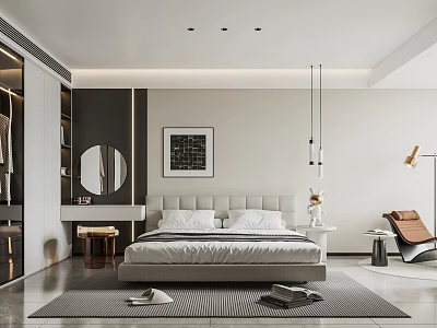 Modern Bedroom Interior With Upholstered Bed Rug Decorative Painting Pendant Lights And Mirror 3d model