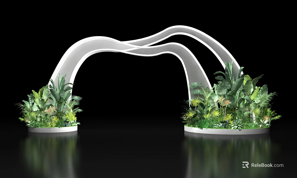 Event Gateway Design with White Curved Arch Flanked by Green Plants and Flowers 3d model 