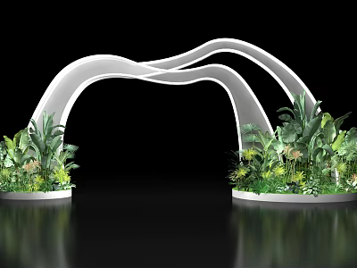 Event Gateway Design with White Curved Arch Flanked by Green Plants and Flowers 3d model