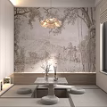 Modern Open Plan Dining Living Room With Sofa Coffee Table Plants And Marble Wall