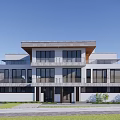 Modern Semi Detached Villa with Large Glass Windows Balcony Flat Roof Design and Green Lawn