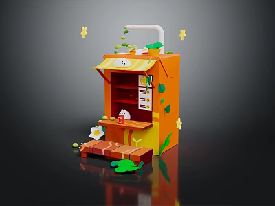 Cartoon Street Stall Scene Featuring Yellow Awning Green Decor White Rabbit Steps And Flowers 3d model