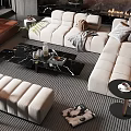 Modern Living Room Sofa And Coffee Table Set With Beige Brown Side Tables And Fireplace