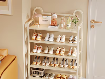 Stylish Multilayer Shoe Rack For Home With Various Shoes And Decorative Items 3d model