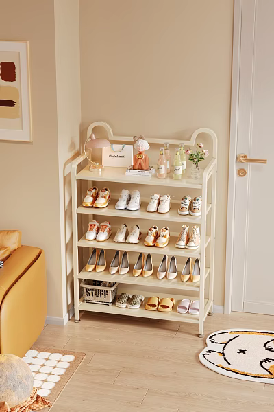 Stylish Multilayer Shoe Rack For Home With Various Shoes And Decorative Items 3d model