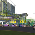 Modern Commercial Street With Greenery Covered Architecture Glass Facades And Evening Pedestrian Activity