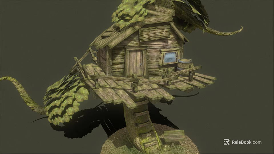 Rustic Wooden Treehouse With Small Window Leafy Branches And Wooden Platform 3d model