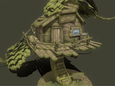 Rustic Wooden Treehouse With Small Window Leafy Branches And Wooden Platform 3d model