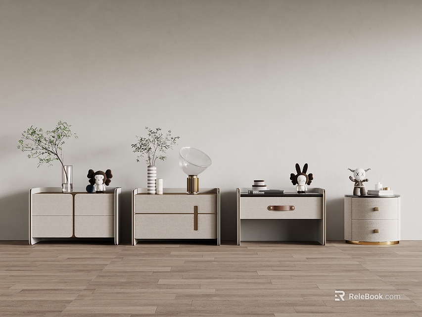 Modern Luxury Bedside Tables Four Different Designs With Drawers Plants Lamps And Decorations 3d model 