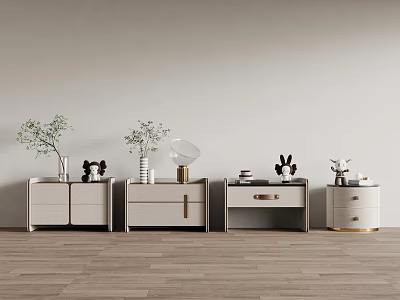 Modern Luxury Bedside Tables Four Different Designs With Drawers Plants Lamps And Decorations 3d model