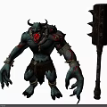 Two Headed Horned Blue Skinned Monster With Bandages And Large Spiked Hammer
