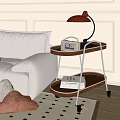 Two Tier Wooden Side Table with Wheels Lamp Alarm Clock Next to Sofa
