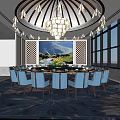Luxurious Private Dining Room With Round Table Blue Chairs Chandelier Lattice Screen And Scenic View