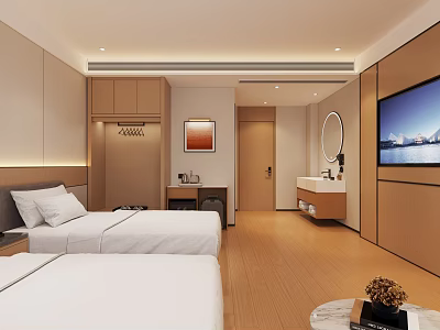 Modern Hotel Guest Room with Twin White Beds Wooden Flooring Wall TV and Dressing Table 3d model