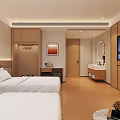 Modern Hotel Guest Room with Twin White Beds Wooden Flooring Wall TV and Dressing Table