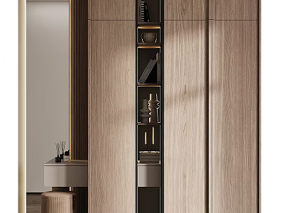 Elegant Wooden Decorative Cabinet With Open Shelves And Decorative Ornaments In Modern Home 3d model