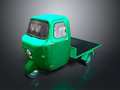 Green Three Wheeled Cargo Truck With Flatbed And Classic Vintage Design 3d model