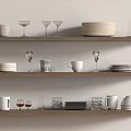 Dinnerware Set Displayed On Wooden Shelves With Plates Mugs Wine Glasses And Bowls
