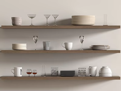 Dinnerware Set Displayed On Wooden Shelves With Plates Mugs Wine Glasses And Bowls 3d model