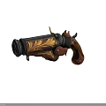 Ornate Steampunk Pistol with Gold Red Patterns Wooden Grip and Detailed Design
