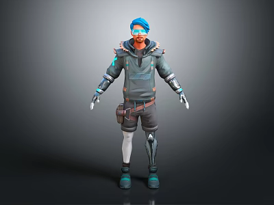 Futuristic Sci Fi Character Wearing Blue Cap With Mechanical Limbs And Companion Creature 3d model