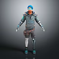 Futuristic Sci Fi Character Wearing Blue Cap With Mechanical Limbs And Companion Creature