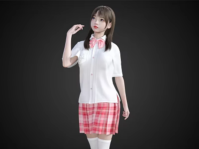Young Woman In White School Uniform Shirt Red Plaid Skirt And Red Bow Standing Gracefully 3d model