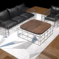 Black Leather Sofa Armchair and Coffee Table Set with Metal Wire Frame Wooden Oval Top