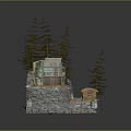Wooden Cabin on Rocky Hillside Surrounded by Pine Trees With Small Shed and Pathway