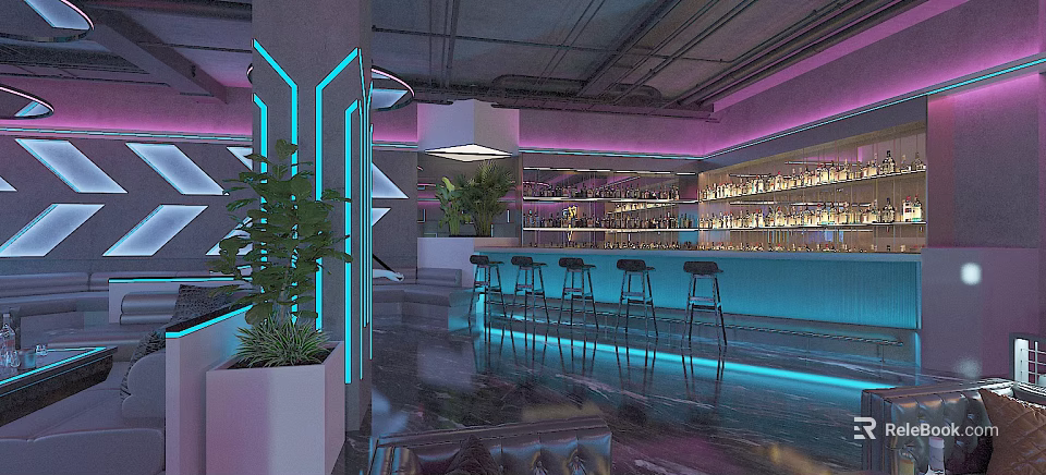 Modern Bar Interior With Neon Lights Bar Counter Black Stools Drinks Shelves And Green Plants 3d model 