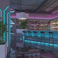 Modern Bar Interior With Neon Lights Bar Counter Black Stools Drinks Shelves And Green Plants