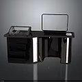 Modern L Shaped Office Desk With Dual Screens Charts Map And Wooden Drawers