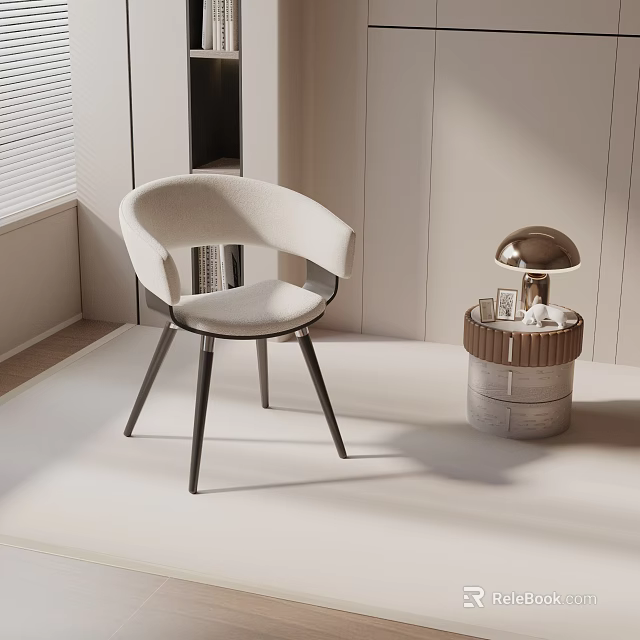 Modern Accent Chair With Curved White Upholstery And Black Legs Near Table Lamp In Bright Interior 3d model 