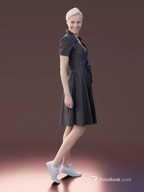 Woman In Black Polka Dot Short Sleeves V Neck Waist Tie Dress With Brown Background 3d model 